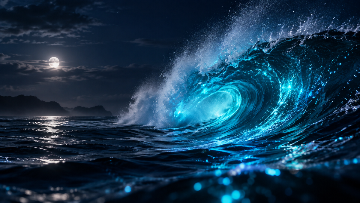 Blau leuchtende Welle durch Biolumineszenz im Meer  Im Abschnitt über Dinoflagellaten: Mikroskopaufnahme eines Dinoflagellaten Alt-Text: Mikroskopische Aufnahme eines biolumineszenten Dinoflagellaten (KI-generiert)