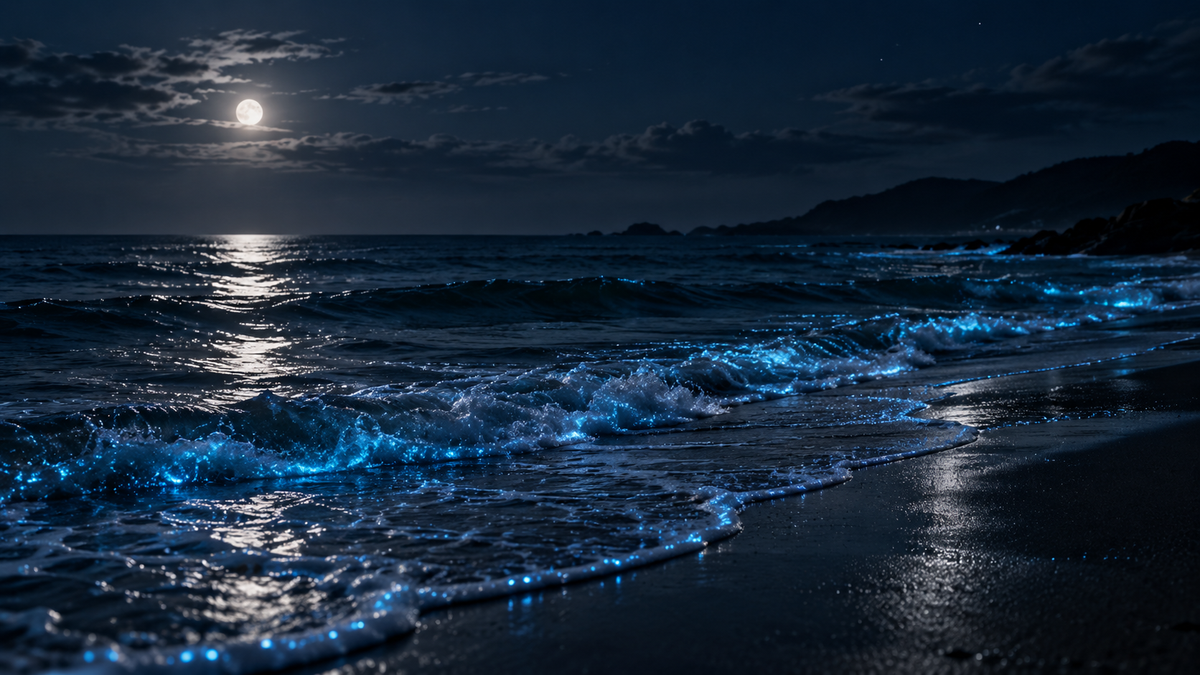 Biolumineszente Dinoflagellaten erzeugen blaues Meeresleuchten (KI-generiert)