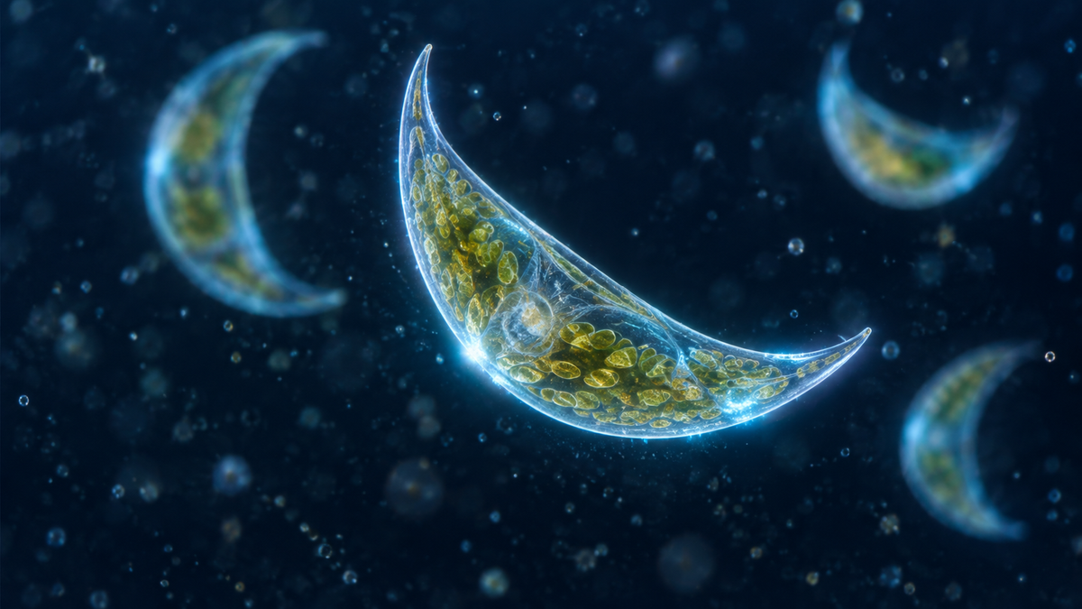 Illustration von Dinoflagellaten Pyrocystis Lunula unter dem Mikroskop (KI-generiert)